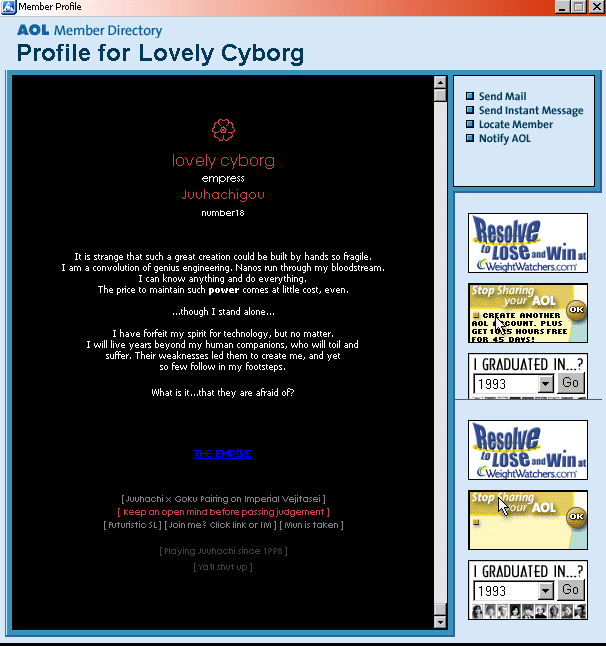 a screencapture of one of my old AOL role playing profiles
