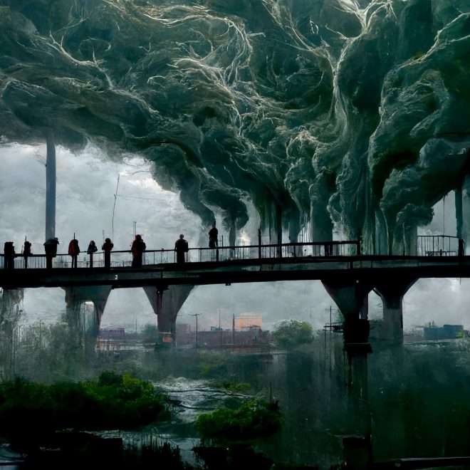 group-of-plant-based-biohackers-watch-floodwaters-engulf-city,-standing-on-a-bridge,-stormy-weather,-lightning,-swirling-clouds---Upscaled-(Max)-2