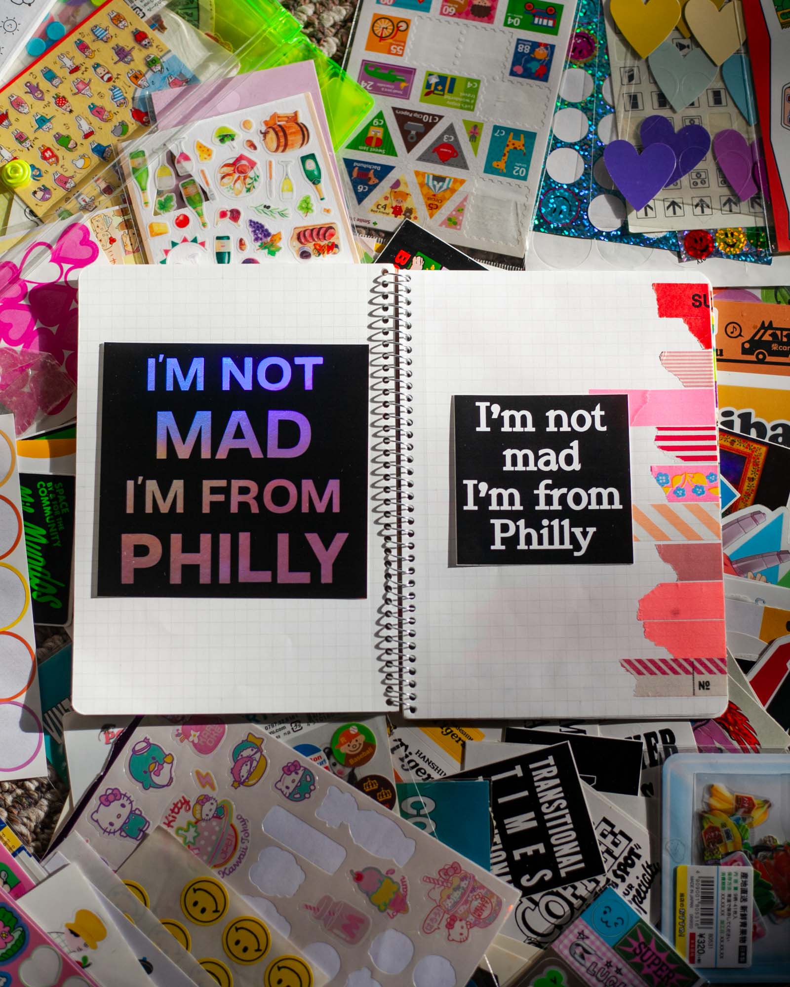 i'm not mad i'm from philly sticker designs, new holo and smaller classic  white ink on black
